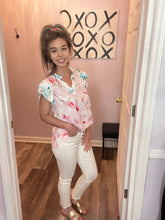 Load image into Gallery viewer, Multi-Colored Floral Frill Sleeve V Neck Top