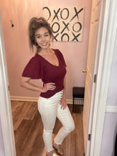 Load image into Gallery viewer, Garnet Mesh Ruffled Sleeve Ribbed V Neck Top