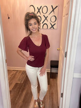 Load image into Gallery viewer, Garnet Mesh Ruffled Sleeve Ribbed V Neck Top