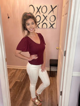 Load image into Gallery viewer, Garnet Mesh Ruffled Sleeve Ribbed V Neck Top