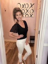 Load image into Gallery viewer, Black Mesh Ruffled Sleeve Ribbed V Neck Top