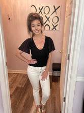 Load image into Gallery viewer, Black Mesh Ruffled Sleeve Ribbed V Neck Top