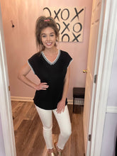 Load image into Gallery viewer, Black & White Striped Trim V Neck Knitted Top