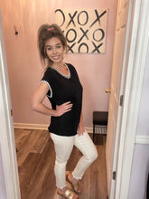 Load image into Gallery viewer, Black & White Striped Trim V Neck Knitted Top