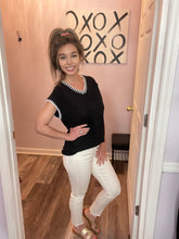 Load image into Gallery viewer, Black & White Striped Trim V Neck Knitted Top