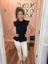 Load image into Gallery viewer, Black Ruffle Sleeves Smocked Peplum Top