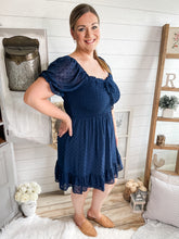 Load image into Gallery viewer, Plus Size Navy Swiss Dot Smocked Dress