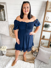 Load image into Gallery viewer, Plus Size Navy Swiss Dot Smocked Dress