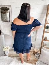 Load image into Gallery viewer, Plus Size Navy Swiss Dot Smocked Dress