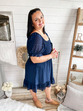 Load image into Gallery viewer, Plus Size Navy Swiss Dot Smocked Dress
