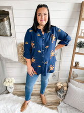 Load image into Gallery viewer, Plus Size Navy Embroidered Floral Buttoned Top