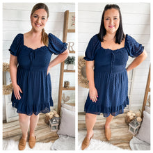 Load image into Gallery viewer, Plus Size Navy Swiss Dot Smocked Dress