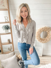 Load image into Gallery viewer, Heather Grey Ruffled Button Long Sleeve Top