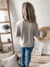 Load image into Gallery viewer, Heather Grey Ruffled Button Long Sleeve Top