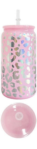 Light Pink Leopard Glass Cup WITH Lid & Straw