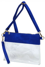 Load image into Gallery viewer, Royal Blue & Clear Stadium Clutch Crossbody Bag WITH Shoulder Strap & Wristlet