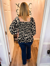 Load image into Gallery viewer, Black & Nude Leopard Print Smocked Long Sleeve Top