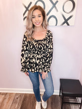 Load image into Gallery viewer, Black & Nude Leopard Print Smocked Long Sleeve Top