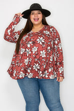 Load image into Gallery viewer, Plus Size Floral Design Brick Colored Long Sleeve Top (Sizes: 3XL-5XL)