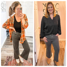 Load image into Gallery viewer, Acid Wash Black Frayed Hem Cropped Bootcut Flared Jeans