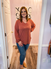 Load image into Gallery viewer, Plus Size Rust Casual V Neck Long Sleeve Top
