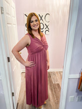 Load image into Gallery viewer, Plus Size Deep Mauve Twist Knot V Neck Maxi Dress