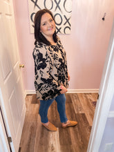 Load image into Gallery viewer, Plus Size Taupe & Black V Neck Floral Top
