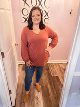 Load image into Gallery viewer, Plus Size Rust Casual V Neck Long Sleeve Top