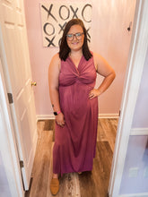 Load image into Gallery viewer, Plus Size Deep Mauve Twist Knot V Neck Maxi Dress