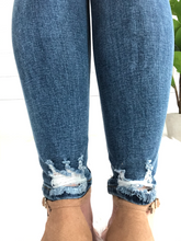 Load image into Gallery viewer, Medium Wash High Rise Distressed Hem Skinny Jean