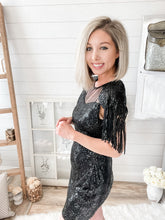 Load image into Gallery viewer, Black Sequin and Mesh Mini Dress With Tassel Sleeves