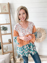 Load image into Gallery viewer, Fall For Me Floral Color Block Babydoll Top