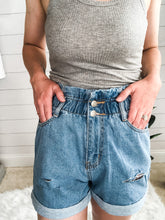 Load image into Gallery viewer, Distressed Light Denim High Waisted Paper Bag Shorts
