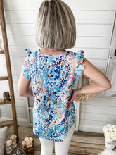 Load image into Gallery viewer, Blue Floral Print Lilly Inspired Ruffled Top