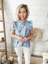 Load image into Gallery viewer, Blue Floral Print Lilly Inspired Ruffled Top