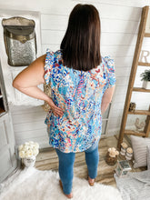 Load image into Gallery viewer, Blue Floral Print Lilly Inspired Ruffled Top