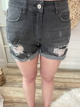 Load image into Gallery viewer, Stretchy Black Distressed Rolled Hem Denim Shorts
