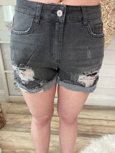 Load image into Gallery viewer, Stretchy Black Distressed Rolled Hem Denim Shorts