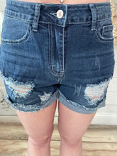 Load image into Gallery viewer, Stretchy Medium Wash Distressed Rolled Hem Denim Shorts