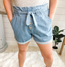 Load image into Gallery viewer, 4 Button Down Denim Paperbag High Rise Tie Belt Shorts Plus size