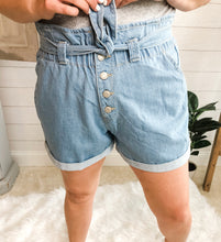 Load image into Gallery viewer, 4 Button Down Denim Paperbag High Rise Tie Belt Shorts Plus size