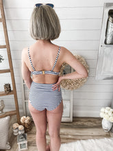Load image into Gallery viewer, Navy Blue And White Striped Swimsuit