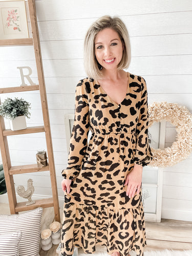 Leopard Print Long Sleeve Midi Dress