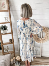 Load image into Gallery viewer, Blue Ivory Floral Long Sleeve Midi Dress