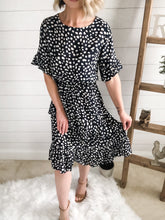 Load image into Gallery viewer, Crew Neck Ruffle Multi-Tiered Pebble Print Dress