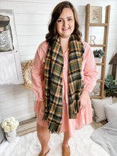 Load image into Gallery viewer, Cashmere Feeling Green and Orange Raw Hem Plaid Scarf