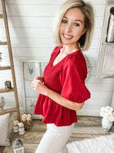 Load image into Gallery viewer, Red Smocked Peplum Top