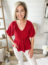 Load image into Gallery viewer, Red Smocked Peplum Top