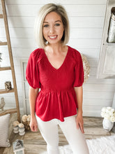 Load image into Gallery viewer, Red Smocked Peplum Top