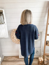 Load image into Gallery viewer, Knitted Floral Sleeve Navy Cardigan